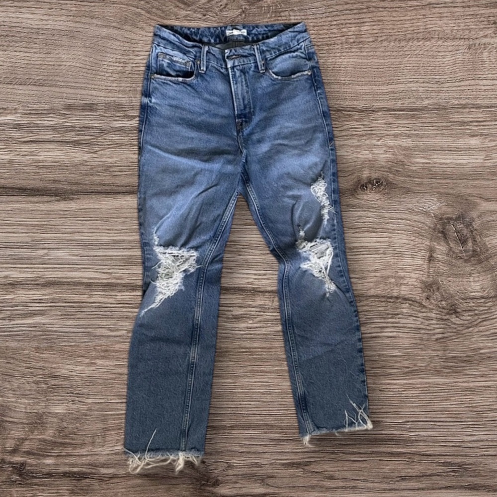 Good American Distressed High Rise Ripped Knee Straight Ankle Raw Hem Jeans